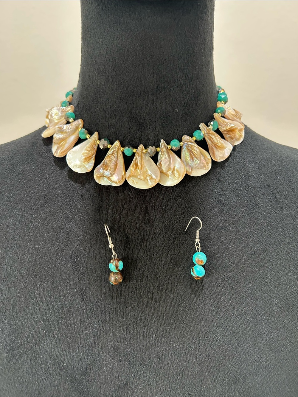 Handcrafted Iridescent Shell & Turquoise Bead Necklace with Matching Earrings